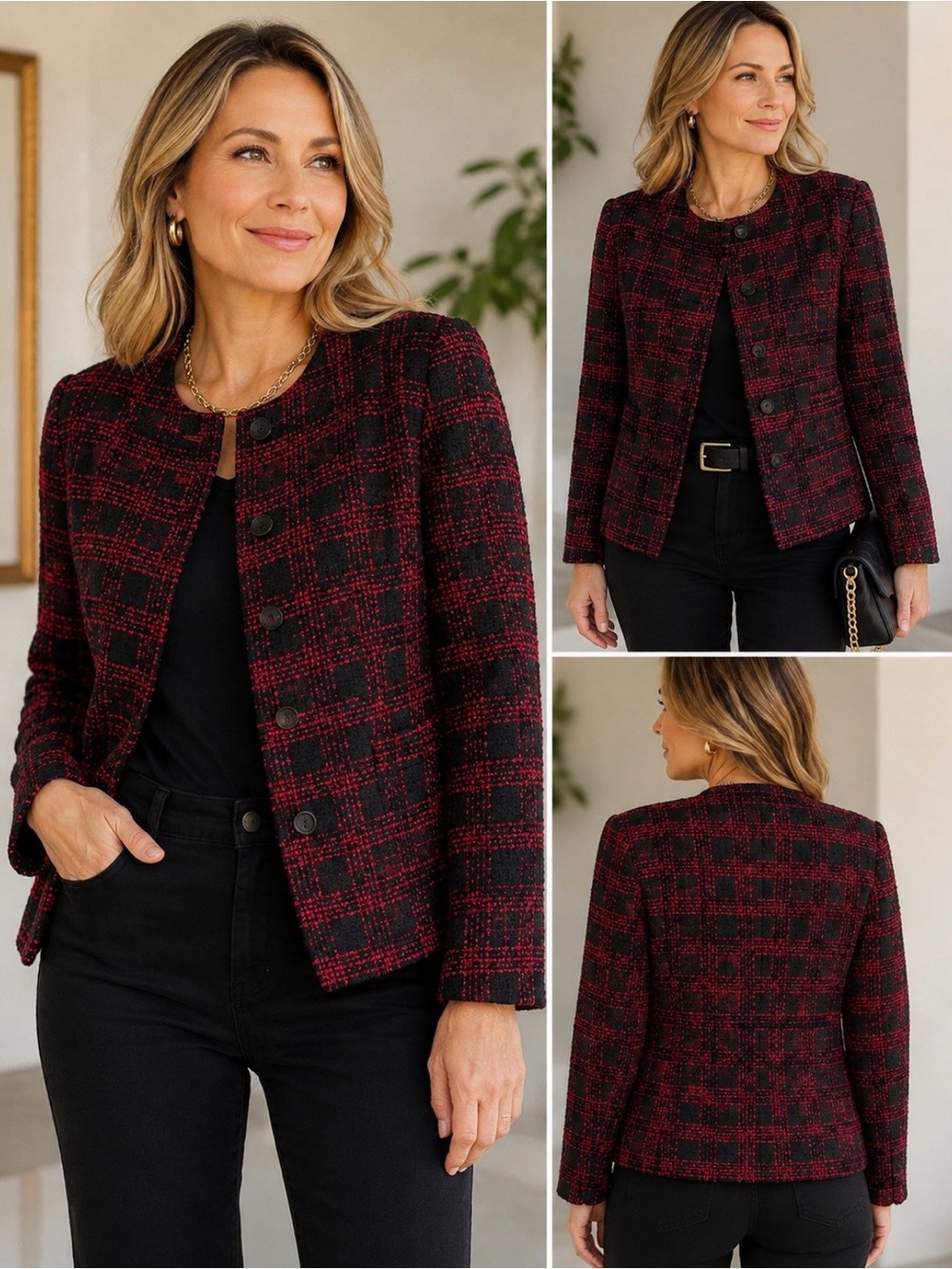 Vintage 80's Red & Black Tartan Boucle Jacket First Edition/Liz Claiborne Sz 14